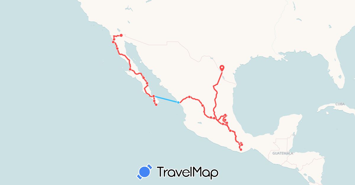TravelMap itinerary: driving, hiking, boat in Mexico, United States (North America)